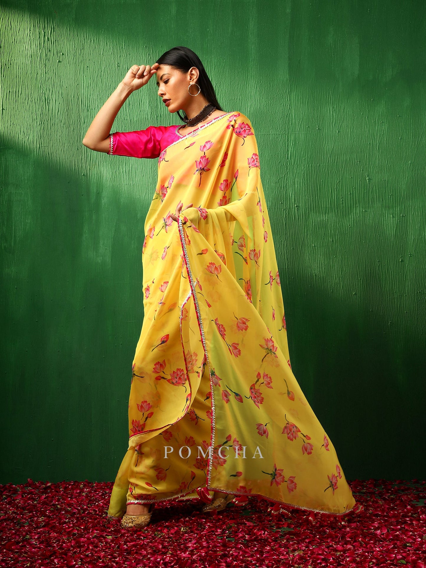 Adaa Pink Lotus Yellow Organza Saree