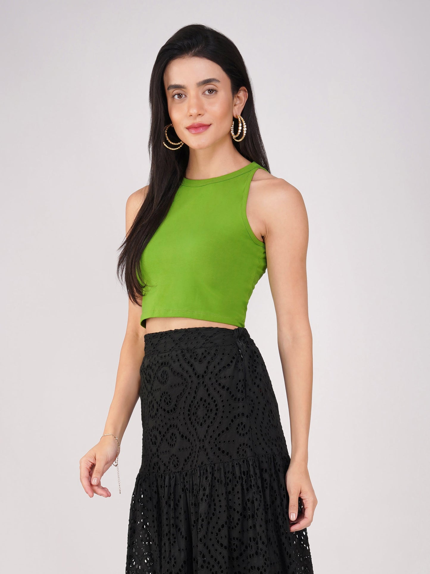 Dhiyona ST Women's Stretchy Knitted Halter Neck Mehndi Green Crop Top