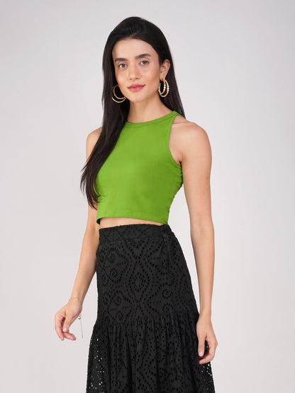 Dhiyona ST Women's Stretchy Knitted Halter Neck Mehndi Green Crop Top