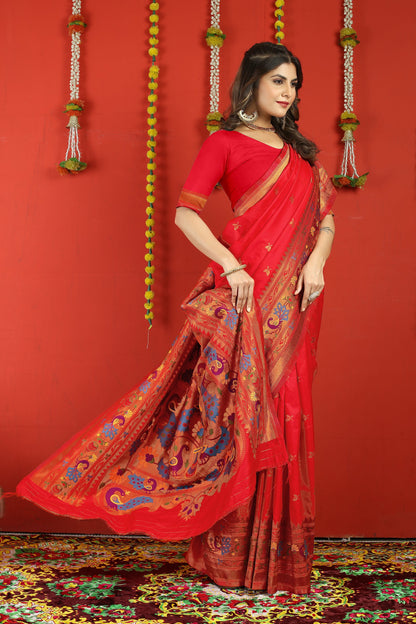 Dhiyona GR Women's Fancy Mor Red Zari Paithani Silk Saree