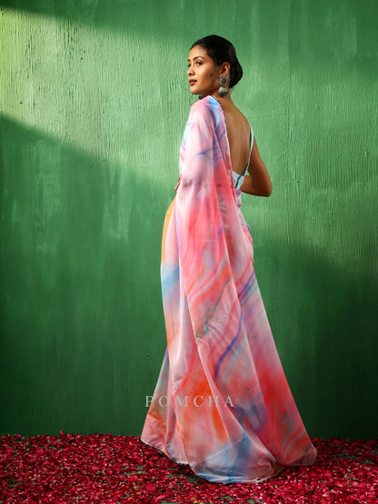 Adaa Pink Marble Print Organza Saree