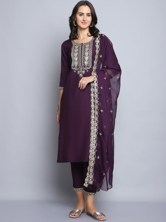 Women Wine Embroidery silk Kurta And Pant Set With Dupatta