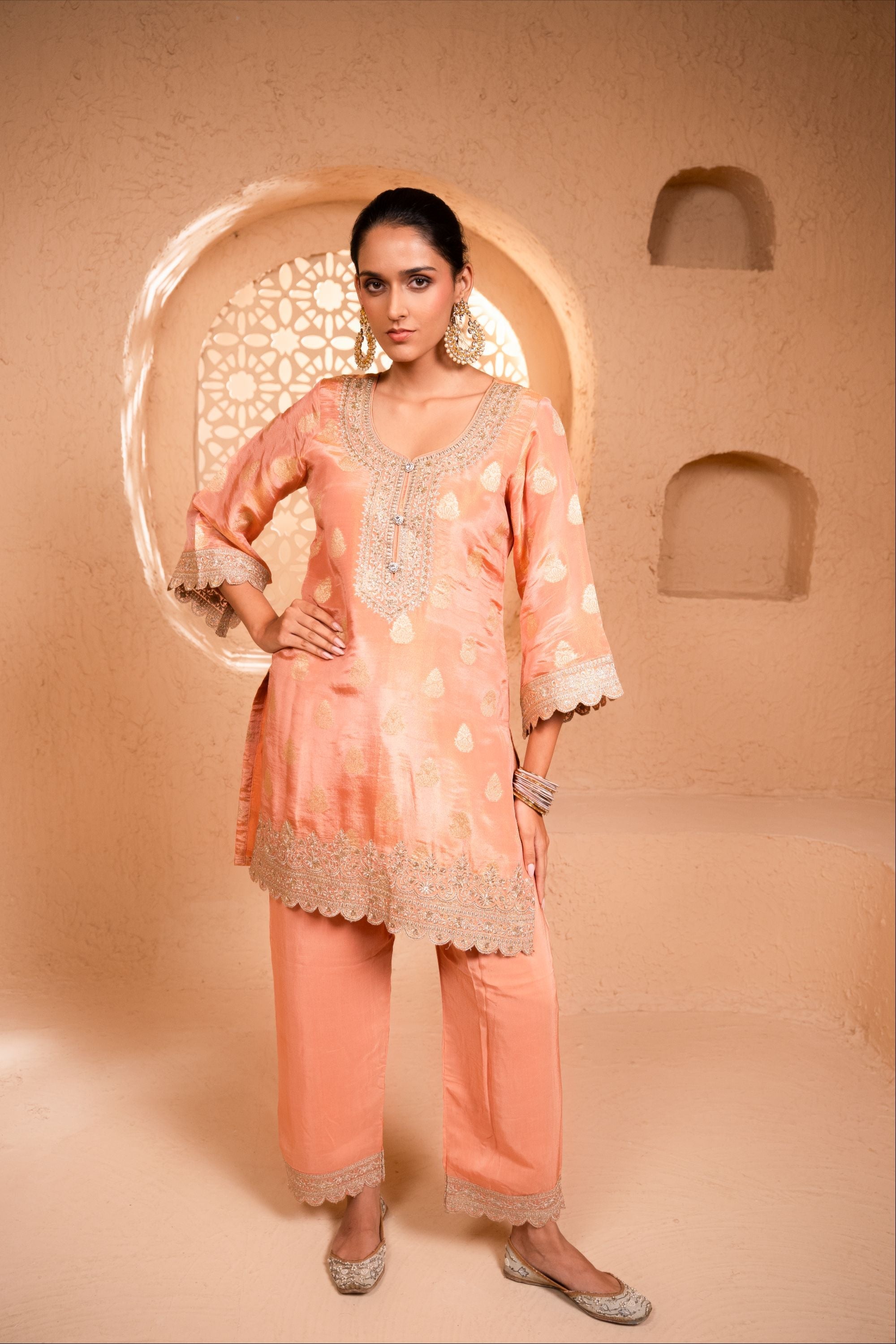 Isvan Tissue Embroidered Peach  Suit Set