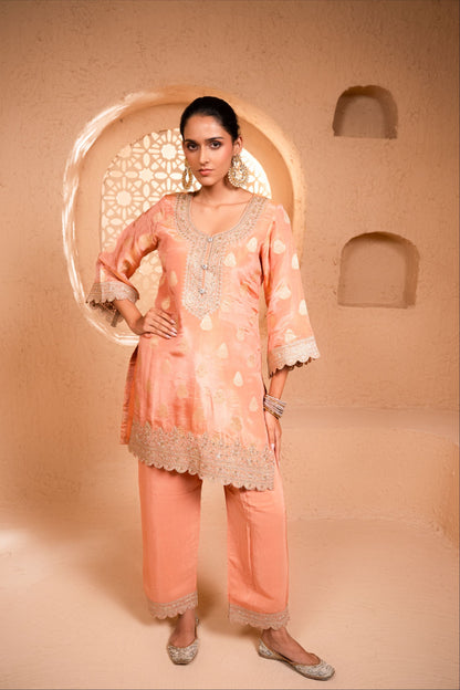 Isvan Tissue Embroidered Peach  Suit Set