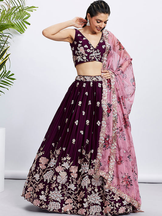 Women Burgundy Pure Georgette Sequins and thread embroidery  Lehenga choli & Dupatta