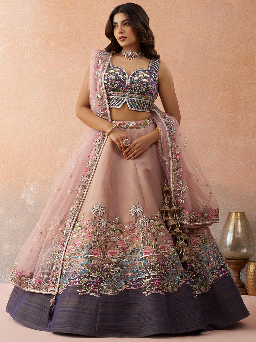 Purple- Net Sequins Embroidered Omber Purple and Mauve Semi-Stitched Lehenga choli & Dupatta