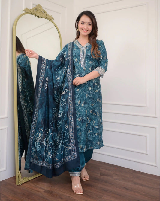 Women Morepeach Embroidery Viscose Rayon Kurta, Pant And Dupatta Set