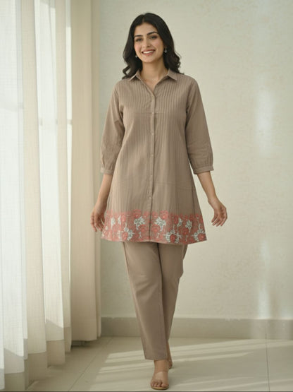 Pankhuri Taupe Embroidered Co-ord Set