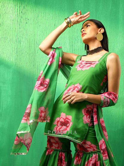 Adaa Green Carnation Organza Sharara Set