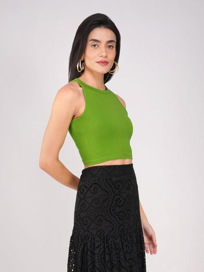 Dhiyona ST Women's Stretchy Knitted Halter Neck Mehndi Green Crop Top