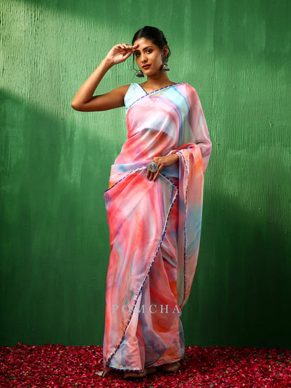 Adaa Pink Marble Print Organza Saree