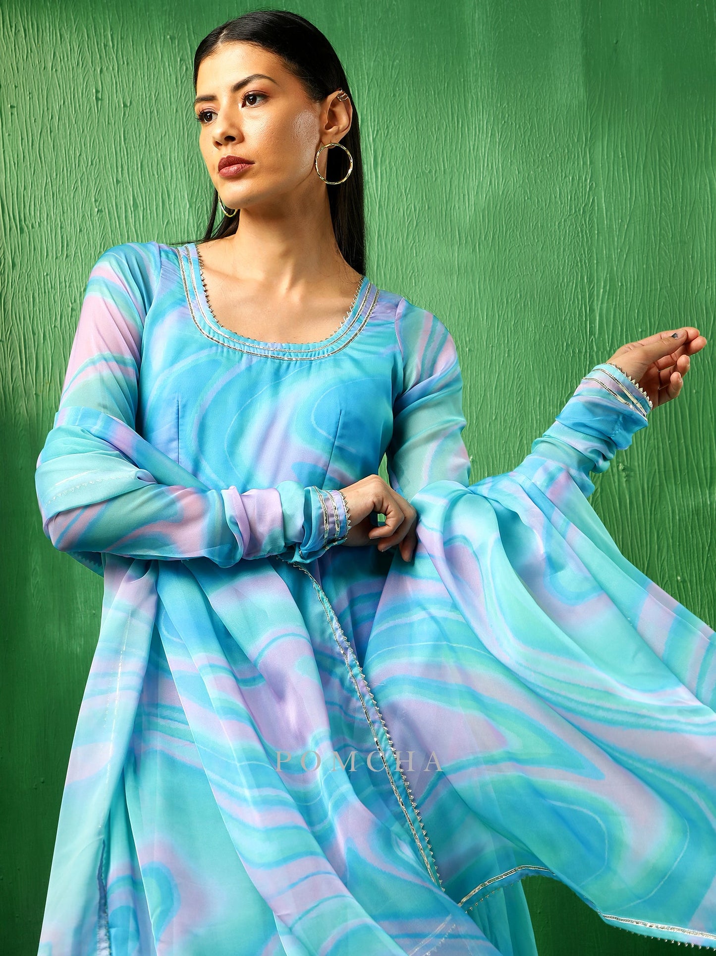 Adaa Blue Marble Print Organza Anarkali Set