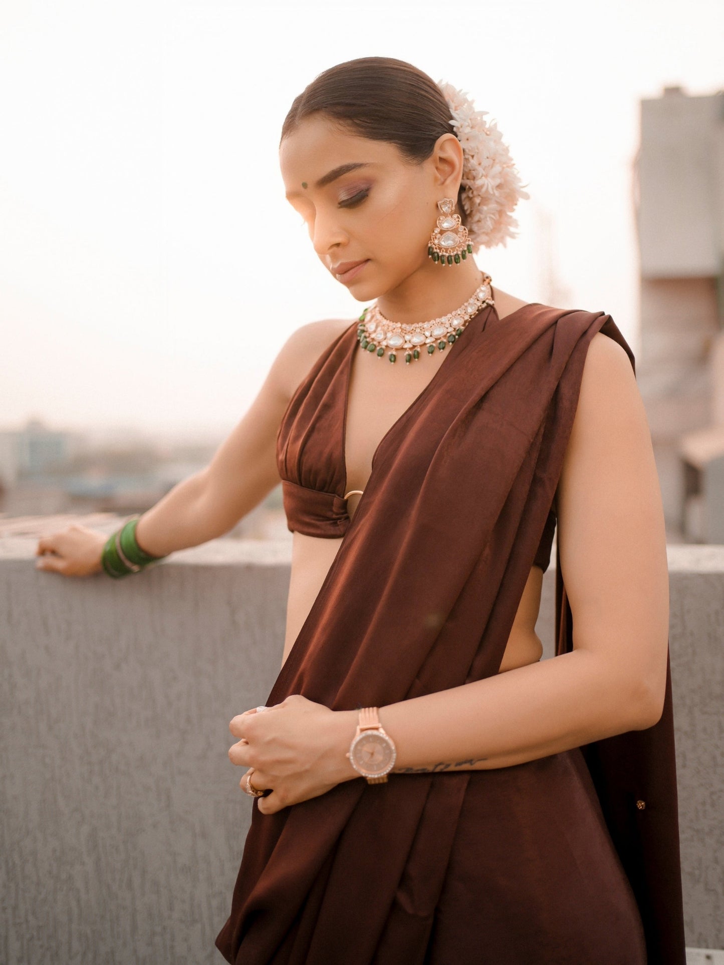 Dhiyona ST Romano Coffee Posh Saree with Diamonds and Blouse Fabric