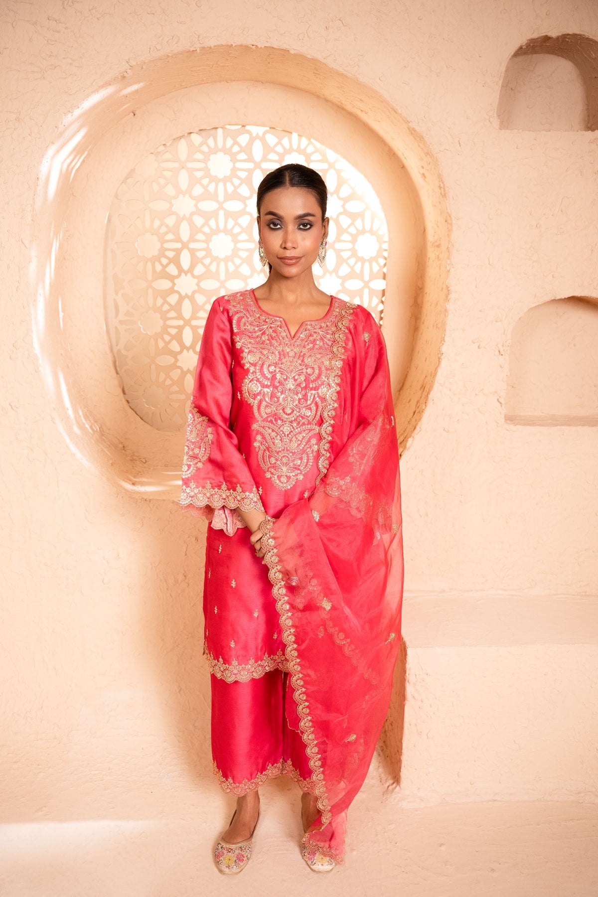 Khwaab Chanderi Embroidered Bright Pink  Suit Set