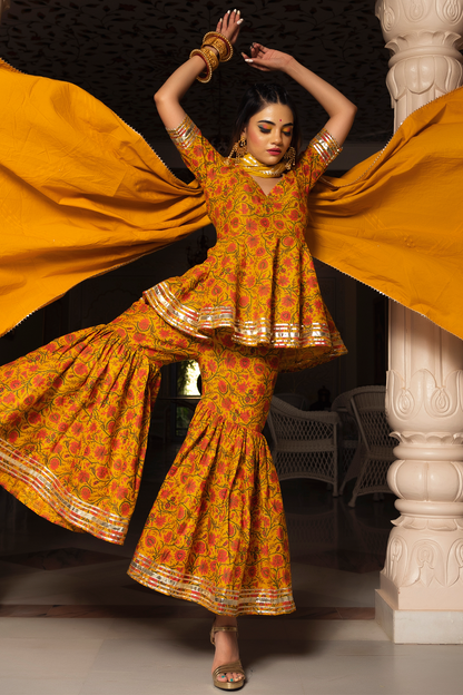 Darpan Mustard  Yellow Hand Block Cotton  Sharara Set