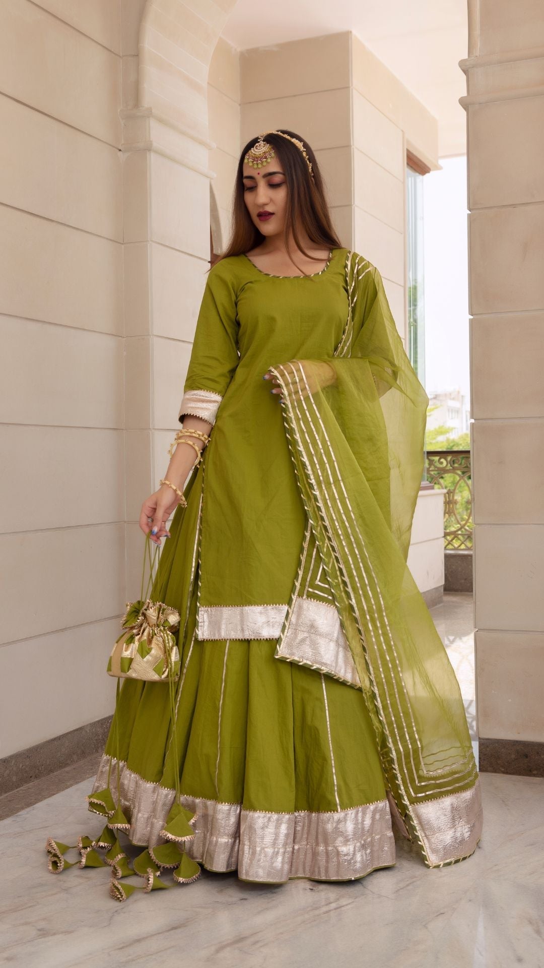 Falguni Green Long Kurta Skirt Set