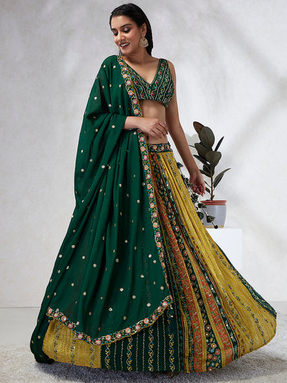 Women Green Chiffon Position print with Sequins embroidery  Lehenga choli & Dupatta