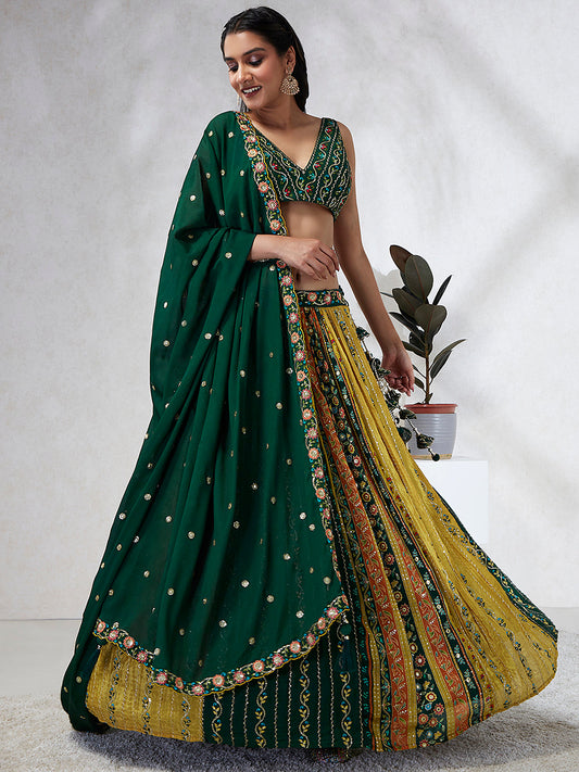 Women Green Chiffon Position print with Sequins embroidery  Lehenga choli & Dupatta