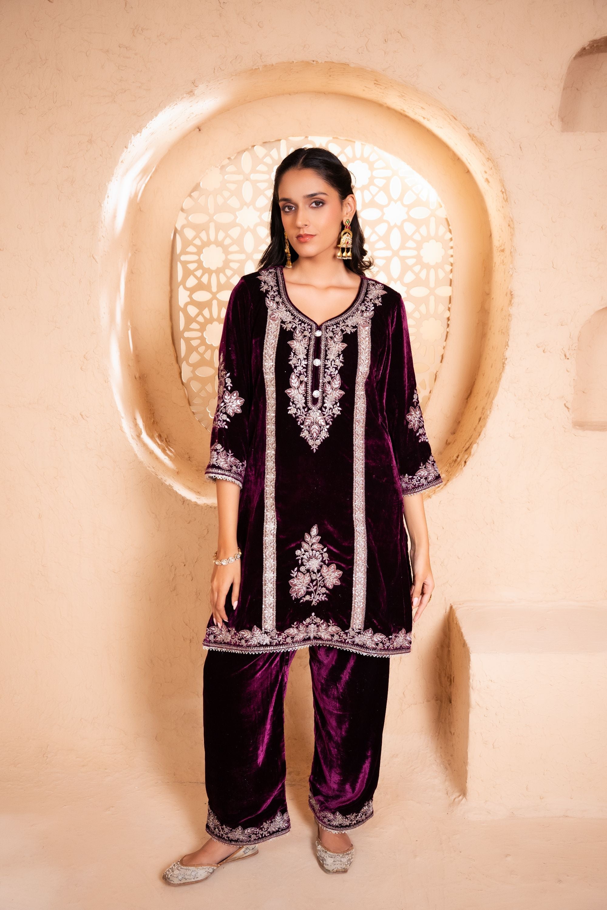 Zariya Silk Velvet Embroidered Wine  Suit Set