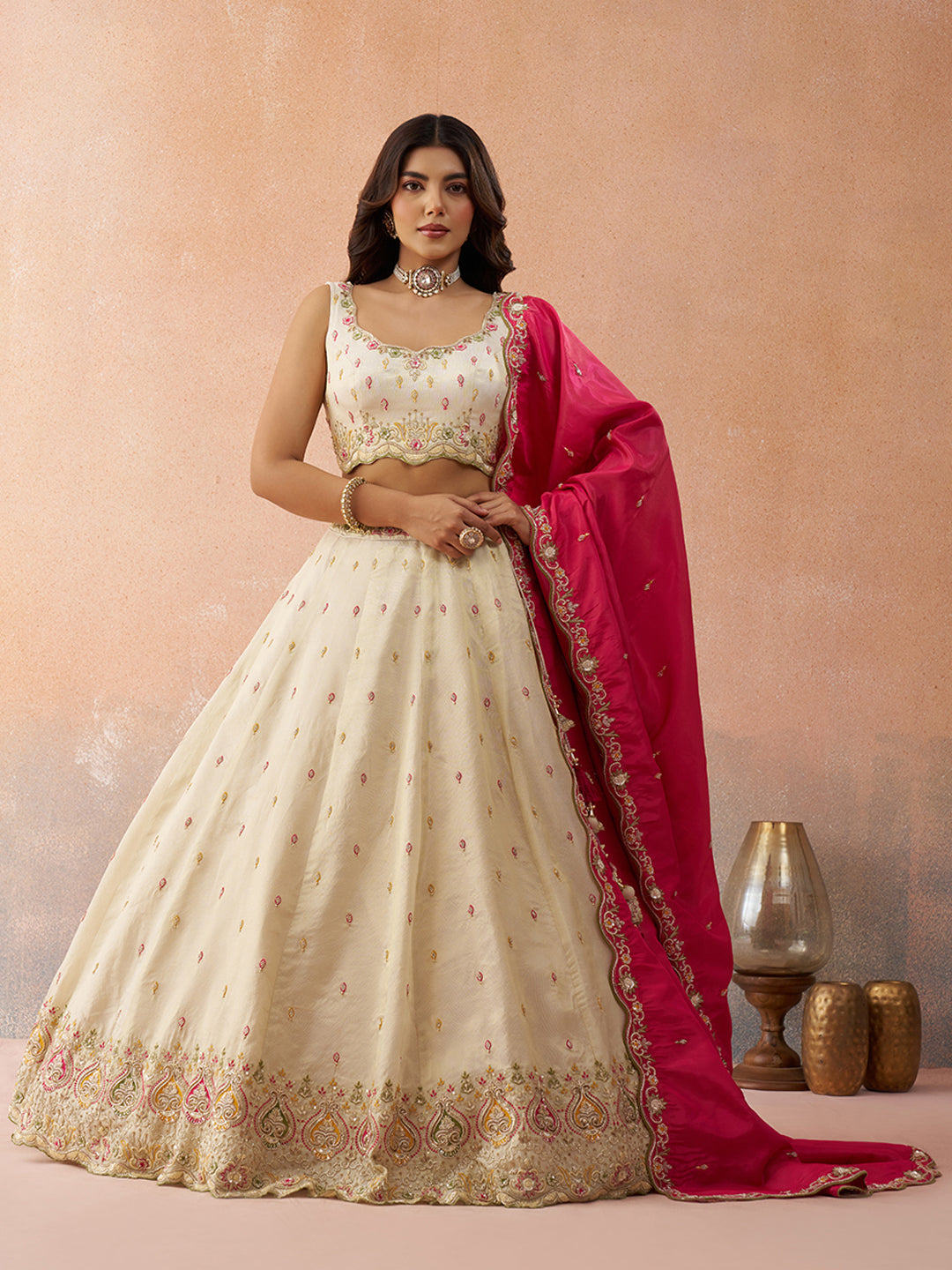 Cream- Cosmos Silk Beads & Sequins Embroidered Semi-Stitched Lehenga & Unstitched Blouse With Dupatta