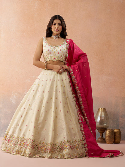 Cream- Cosmos Silk Beads & Sequins Embroidered Semi-Stitched Lehenga & Unstitched Blouse With Dupatta