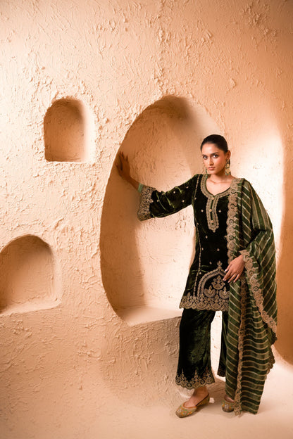 Saaz Silk Velvet Embroidered Mehndi Green  Suit Set
