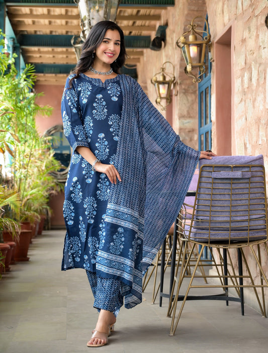 Women Blue Embroidery Viscose Rayon Kurta, Pant And Dupatta Set