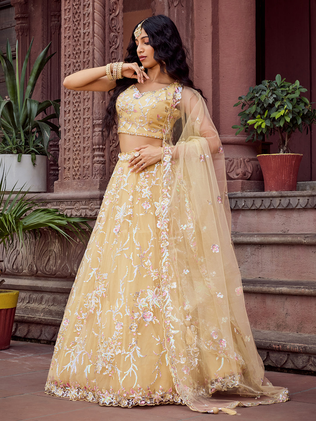 Yellow- Net Fabric Sequins embroidery Semi-Stitched Lehenga & Unstitched Blouse With Dupatta