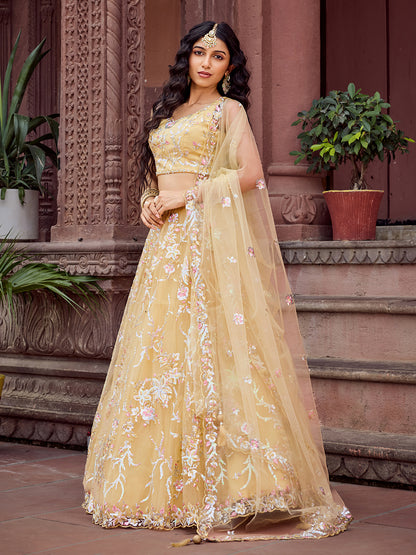 Yellow- Net Fabric Sequins embroidery Semi-Stitched Lehenga & Unstitched Blouse With Dupatta