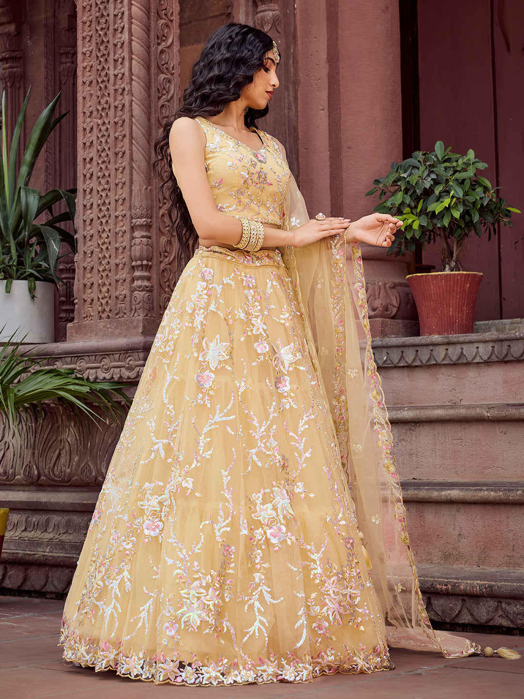 Yellow- Net Fabric Sequins embroidery Semi-Stitched Lehenga & Unstitched Blouse With Dupatta
