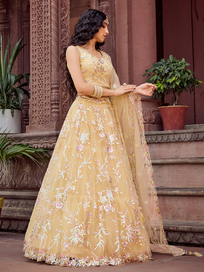 Yellow- Net Fabric Sequins embroidery Semi-Stitched Lehenga & Unstitched Blouse With Dupatta