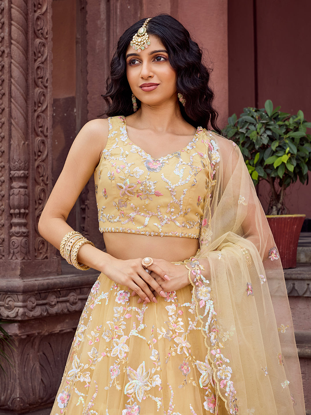 Yellow- Net Fabric Sequins embroidery Semi-Stitched Lehenga & Unstitched Blouse With Dupatta