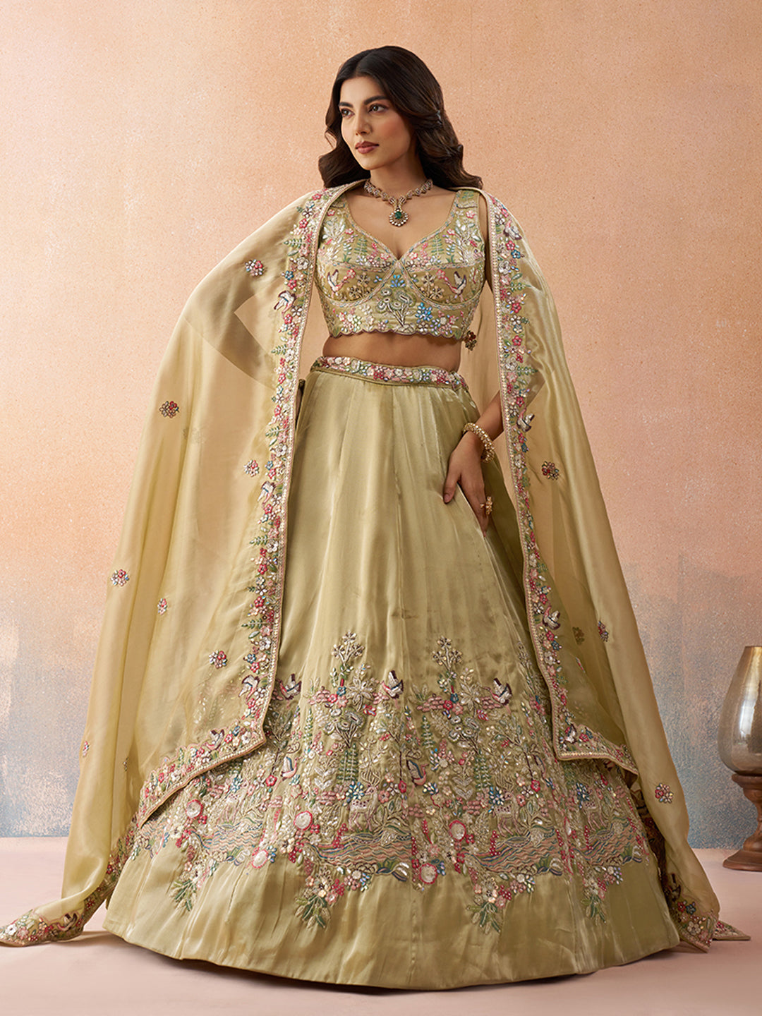 Beige- Tissue Sequinned with Zarkan Embroidered Semi-Stitched Lehenga & Unstitched Blouse With Dupatta