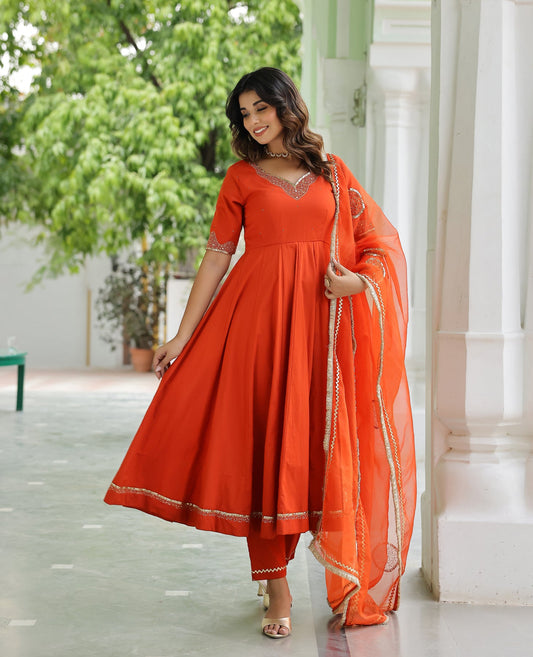 Taka Jhaki Sakhi Rust Orange Cotton Suit Set