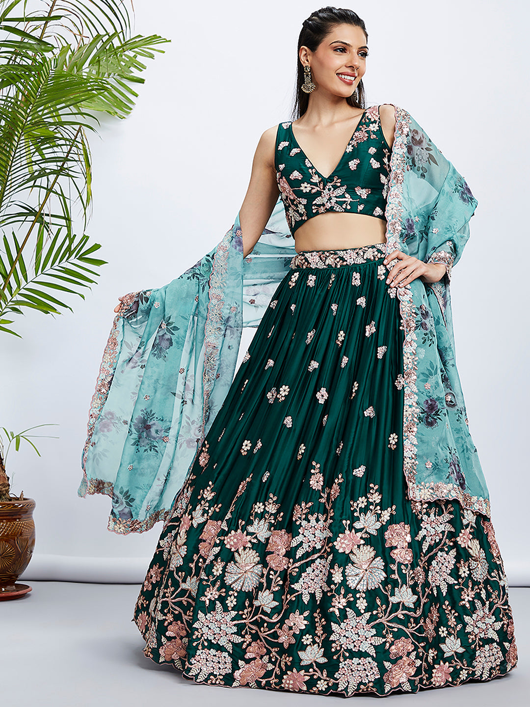 Women Green Pure Georgette Sequins and thread embroidery  Lehenga choli & Dupatta