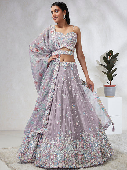 Women Mauve Chiffon Sequins and thread embroidery  Lehenga choli & Dupatta