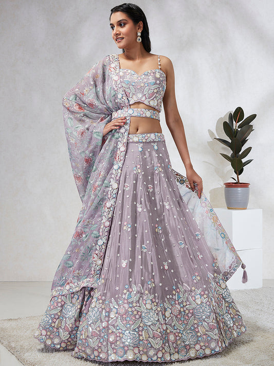 Women Mauve Chiffon Sequins and thread embroidery  Lehenga choli & Dupatta