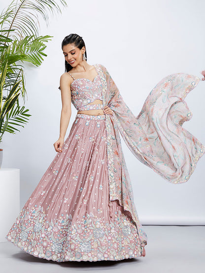 Women Rose gold Chiffon Sequins and thread embroidery  Lehenga choli & Dupatta