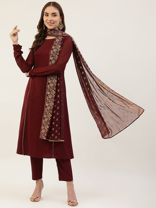 Women's Maroon Poly Crepe A-Line Kurta Set With Dupatta