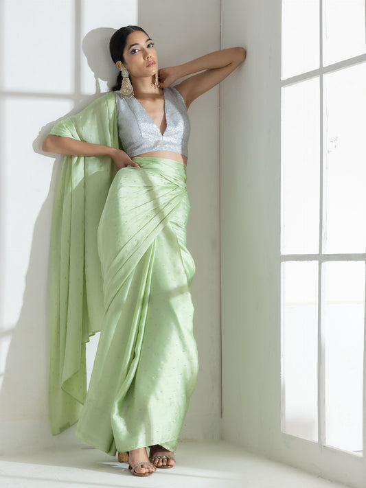 Dhiyona ST Mint Silver Printed Butter Chiffon Saree