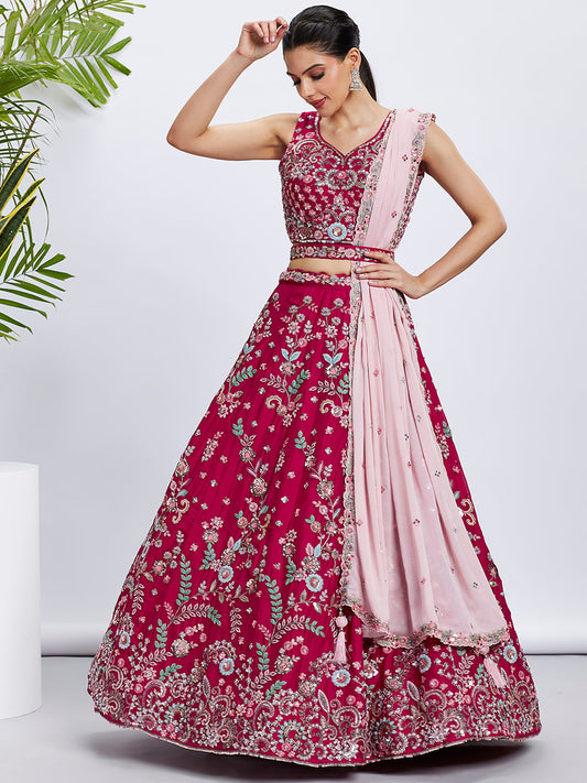 Women Rose Pure Georgette Sequins and thread embroidery  Lehenga choli & Dupatta