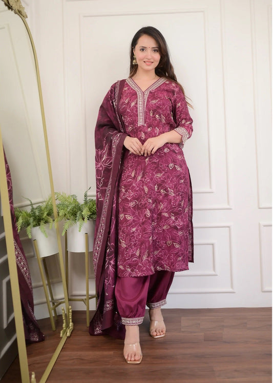 Women Wine Embroidery Viscose Rayon Kurta, Pant And Dupatta Set