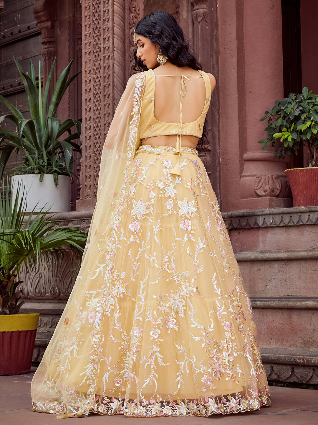 Yellow- Net Fabric Sequins embroidery Semi-Stitched Lehenga & Unstitched Blouse With Dupatta