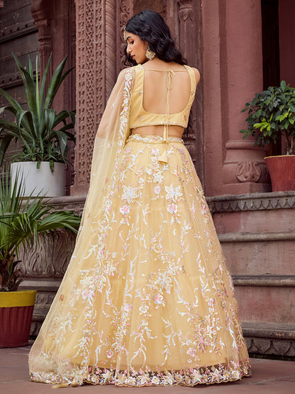 Yellow- Net Fabric Sequins embroidery Semi-Stitched Lehenga & Unstitched Blouse With Dupatta