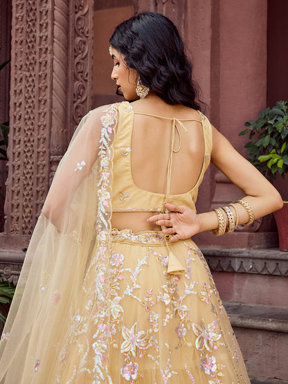 Yellow- Net Fabric Sequins embroidery Semi-Stitched Lehenga & Unstitched Blouse With Dupatta