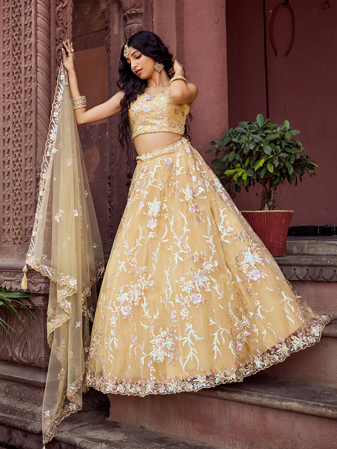 Yellow- Net Fabric Sequins embroidery Semi-Stitched Lehenga & Unstitched Blouse With Dupatta