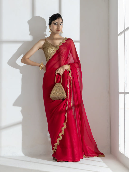 Dhiyona ST Vermilion Red Shimmer Chiffon Saree with Leaf Beaded Lace and Self Blouse Fabric