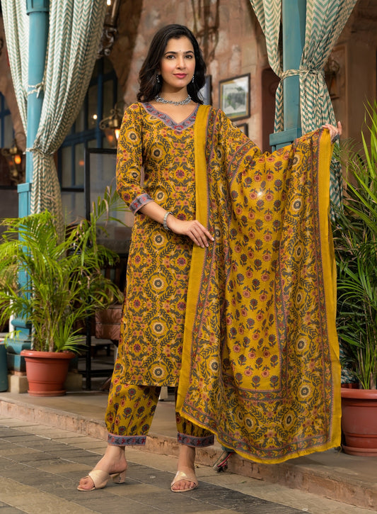 Women Yellow Embroidery Viscose Rayon Kurta, Pant And Dupatta Set