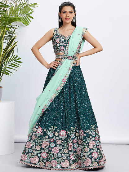 Women Green Pure Chiffon Sequins and thread embroidery  Lehenga choli & Dupatta