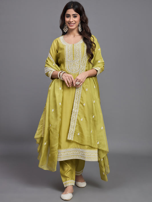 Women Embroidery A-Line Kurta And Pant set with Dupatta